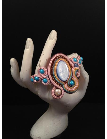 PULSERA PEQ  SOUTACHE ROSAS AZULES DPS 12-00