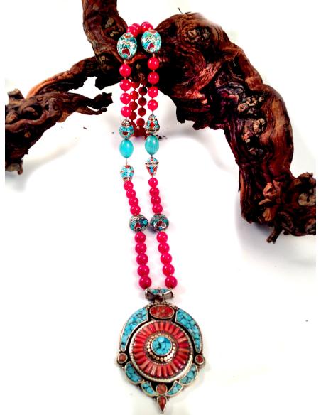 COLLAR PLATA RUBI PIEZA TIBET MONTADA