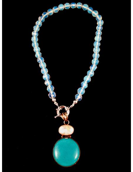 COLLAR CRISTAL CHECO CON COLGANTE DE PLATA TURQUESA Y PIEDRA DE LUNA, LARGO COLLAR 50 CM, COLAGANTE 6*3CM