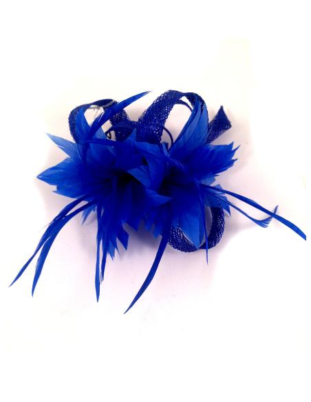 TOCADOS AZULON PARA BODAS Y EVENTOS CON FLORES Y PLUMAS, DIAMETRO 7CM APROX