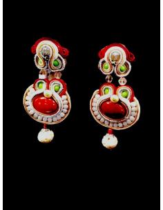 PENDIENTE SOUTACHE MODA FLAMENCA,BLANCO Y CORAL 2