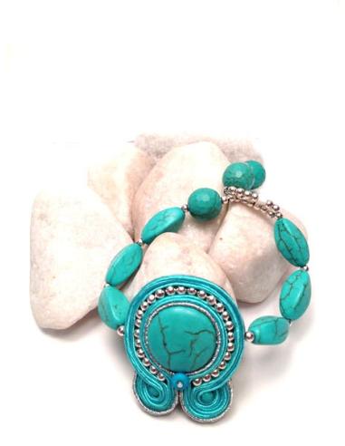 PULSERA DE DISEÑO SOUTACHE,PEQ  PLATA TURQUESA