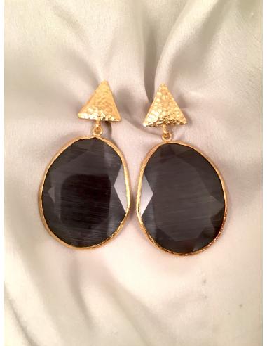 PENDIENTES NEGROS LARGOS PIEDRAS SEMIPRECIOSAS- EN OJO DE GATO