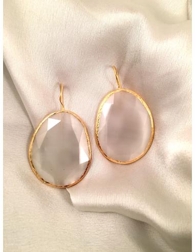 PENDIENTES BLANCOS LARGOS DE PIEDRAS SEMIPRECIOSAS- EN OJO DE GATO