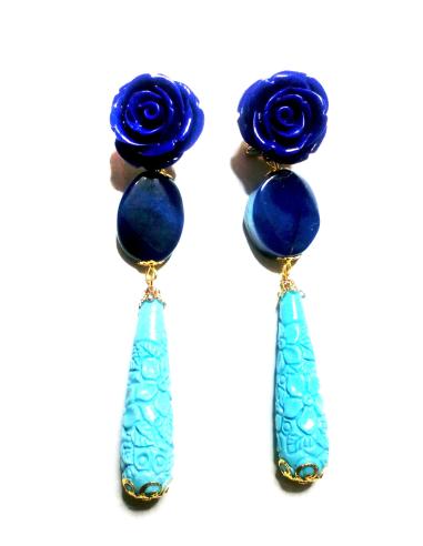 PENDIENTES  FLAMENCA DE FLORES DE RESINA COLOR TURQUESA Y AZULON