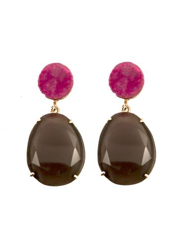 PENDIENTES DE PIEDRA NATURAL COLOR  GRIS OSCURO Y FUCSIA