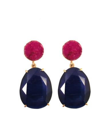PENDIENTES DE PIEDRA NATURAL COLOR  AZULON Y FUCSIA