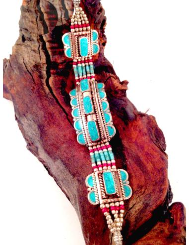 PULSERA  DE PLATA MUJER, CON TURQUESA Y CORAL,NEPAL
