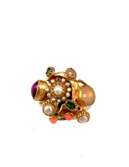 ANILLO  BARROCO PIEDRAS NATURALES BAÑADO ORO, TAMAÑO AJUSTABLE, 4,5 x 3 cm 