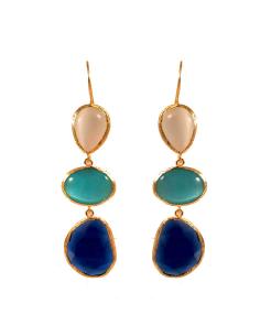 PENDIENTES DE PIEDRA NATURAL CON MONTURA CHAPADA EN ORO, TONOS AZULES\n