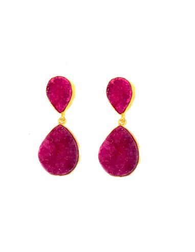 PENDIENTES DE BISUTERIA EN PIEDRAS DRUSAS COLOR FUCSIA