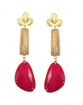 PENDIENTE DE ALTA BISUTERIA EN PIEDRA NATURAL LARGO FUCSIA Y PIEDRA DRUSA