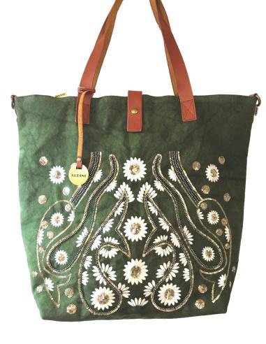 BOLSOS SHOPING VERDE MILITAR CON BORDADOS DE FLORES