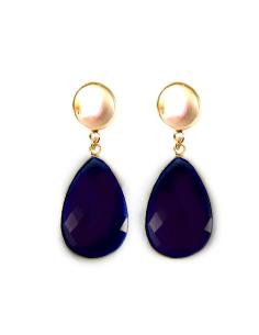 LARGOS PENDIENTES DE VESTIR PERLA Y PIEDRA AZUL MARINO