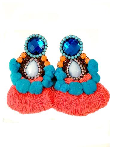 PENDIENTES DE MODA CON FLECOS Y  POMPONES TENDENCIA, TONOS NARANJAS