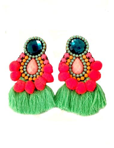 PENDIENTES DE MODA CON FLECOS Y  POMPONES TENDENCIA,  CLORES FLUOR