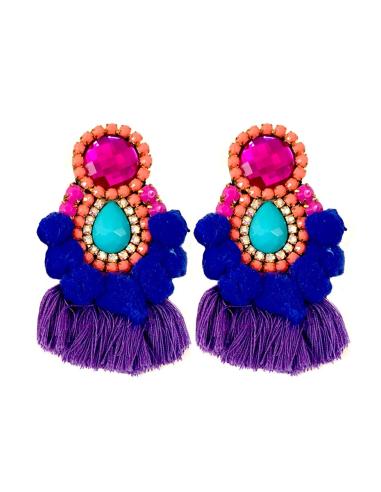 PENDIENTES DE MODA CON FLECOS Y  POMPONES TENDENCIA, TONOS AZULON Y MORADO