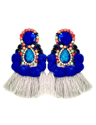 PENDIENTES DE MODA CON FLECOS Y  POMPONES TENDENCIA, TONOS AZULES