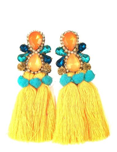 PENDIENTES DE MODA CON FLECOS, POMPONES TONOS TURQUESA Y NARANJA