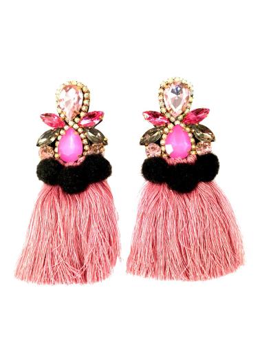 PENDIENTES DE MODA CON FLECOS, POMPONES TONOS ROSAS CON NEGROS