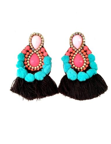 PENDIENTES DE MODA CON FLECOS Y POMPONES, TONOS ROSAS TUQUESAS Y NEGROS