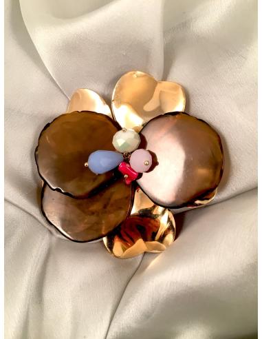 BROCHE SEMILLA DE TAGUA METAL Y PIEDRAS NATURALES, DIAMTRO 8CM