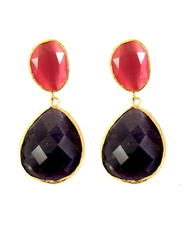 LARGOS PENDIENTES DE LAGRIMA EN PIEDRA COLOR  NEGRO CON ROSA