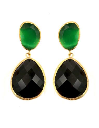 LARGOS PENDIENTES DE LAGRIMA EN PIEDRA COLOR  NEGRO CON VERDE