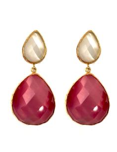 LARGOS PENDIENTES DE LAGRIMA EN PIEDRA COLOR  FUCSIA CON BLANCO