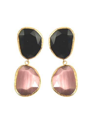 PEDIENTES ORIGINALES DE DOBLE PIEDRA NATURAL COLOR NEGRO CON ROSA