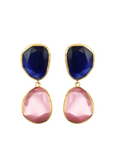 PENDIENTES ORIGINALES DE DOBLE PIEDRA NATURAL COLOR AZULON Y ROSA APALO