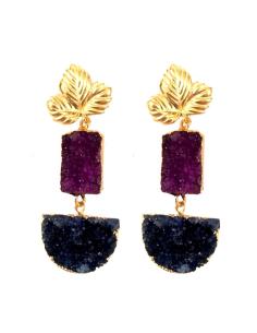 PENDIENTES LARGOS ORIGINALES EN PIEDRAS DRUSAS MORADAS Y AZULES