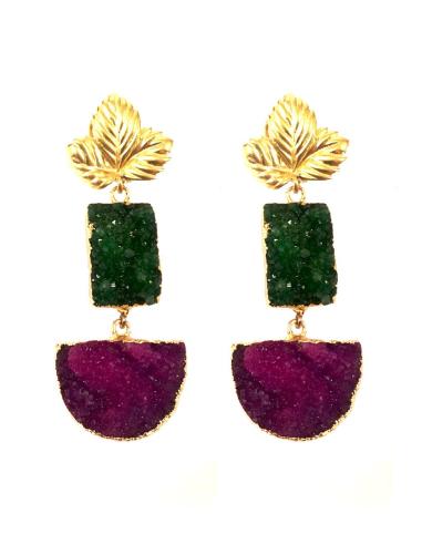 PENDIENTES LARGOS ORIGINALES EN PIEDRAS DRUSAS VERDES Y MORADOS