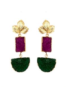 PENDIENTES LARGOS ORIGINALES EN PIEDRAS DRUSAS MORADOS Y VERDES