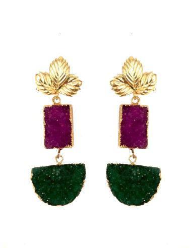 PENDIENTES LARGOS ORIGINALES EN PIEDRAS DRUSAS MORADOS Y VERDES