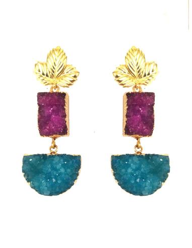 PENDIENTES LARGOS ORIGINALES EN PIEDRAS DRUSAS EN COLOR MORADO Y AZUL TURQUESA