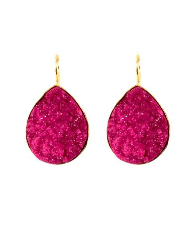 PENDIENTES DE LAGRIMA  DE PIEDRA DRUSA COLOR FUCSIA