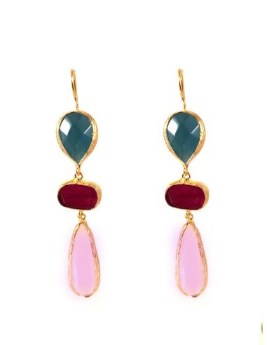 PENDIENTES LARGOS PIEDRAS NATURALES CON LAGRIMA EN ROSA