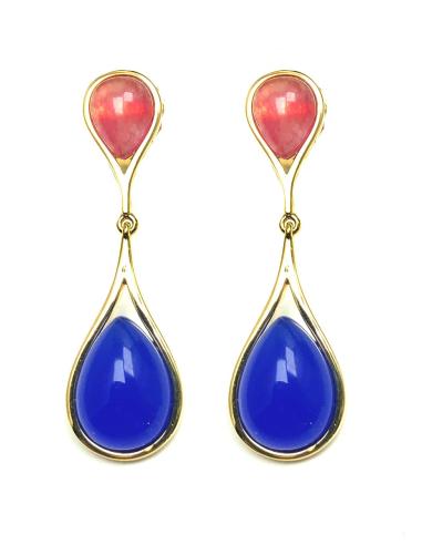 PENDIENTES LARGOS MUJER ROSA Y AZULON CON BAÑO DE ORO