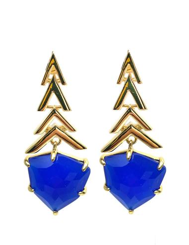 PENDIENTES MUJER LARGOS AZULONES BAÑO DE ORO Y PIEDRA COLOR