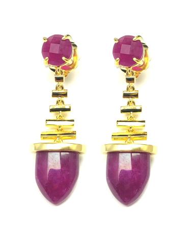 PENDIENTES MUJER LARGOS RUBI BAÑO DE ORO, FORMA BELLOTA
