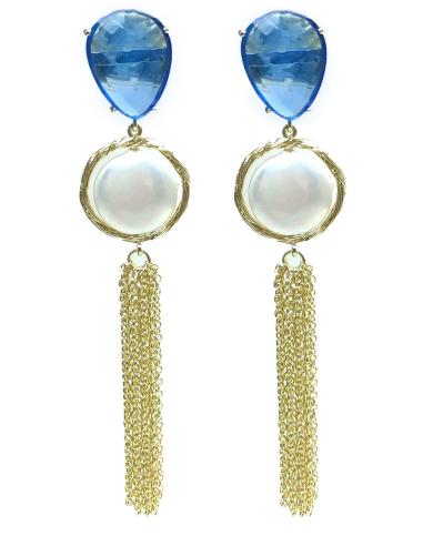PENDIENTES MUJER BAÑO ORO DE PERLA CON AZUL Y BORLA DE CADENA