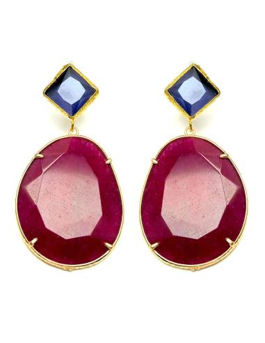 PENDIENTES LARGOS DE PIEDRA COLOR RUBI CON MORADO