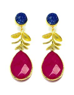 PENDIENTES LARGOS DE PIEDRA DE COLOR Y HOJITA DORADA PARA BODAS