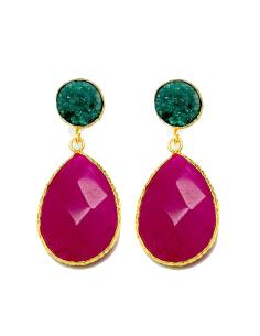 PENDIENTES LARGOS DE PIEDRA DRUSA CON LAGRIMA FUCSIA