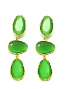 PENDIENTES MUJER LARGOS BAÑO ORO Y VERDE CON TRES PIEDRAS