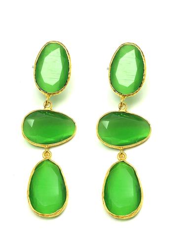 PENDIENTES MUJER LARGOS BAÑO ORO Y VERDE CON TRES PIEDRAS
