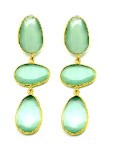 PENDIENTES MUJER LARGOS BAÑO ORO Y VERDE AGUA CON TRES PIEDRAS