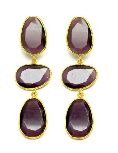 PENDIENTES LARGOS BAÑO ORO Y MORADO CON TRES PIEDRAS
