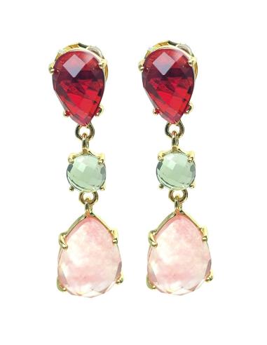 PENDIENTES MUJER LARGOS CHAPADOS ORO, COMBINADO CON ROJO EN TRICOLOR